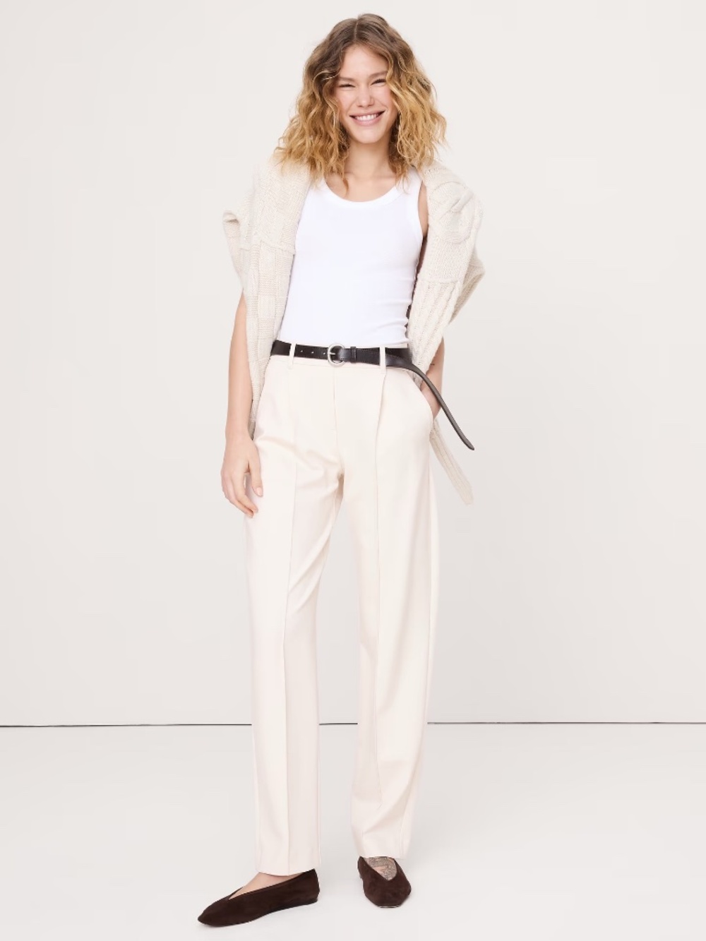 Banana Republic High Waist Wide Leg Drapey Ponte Pull on Pant // Cream White